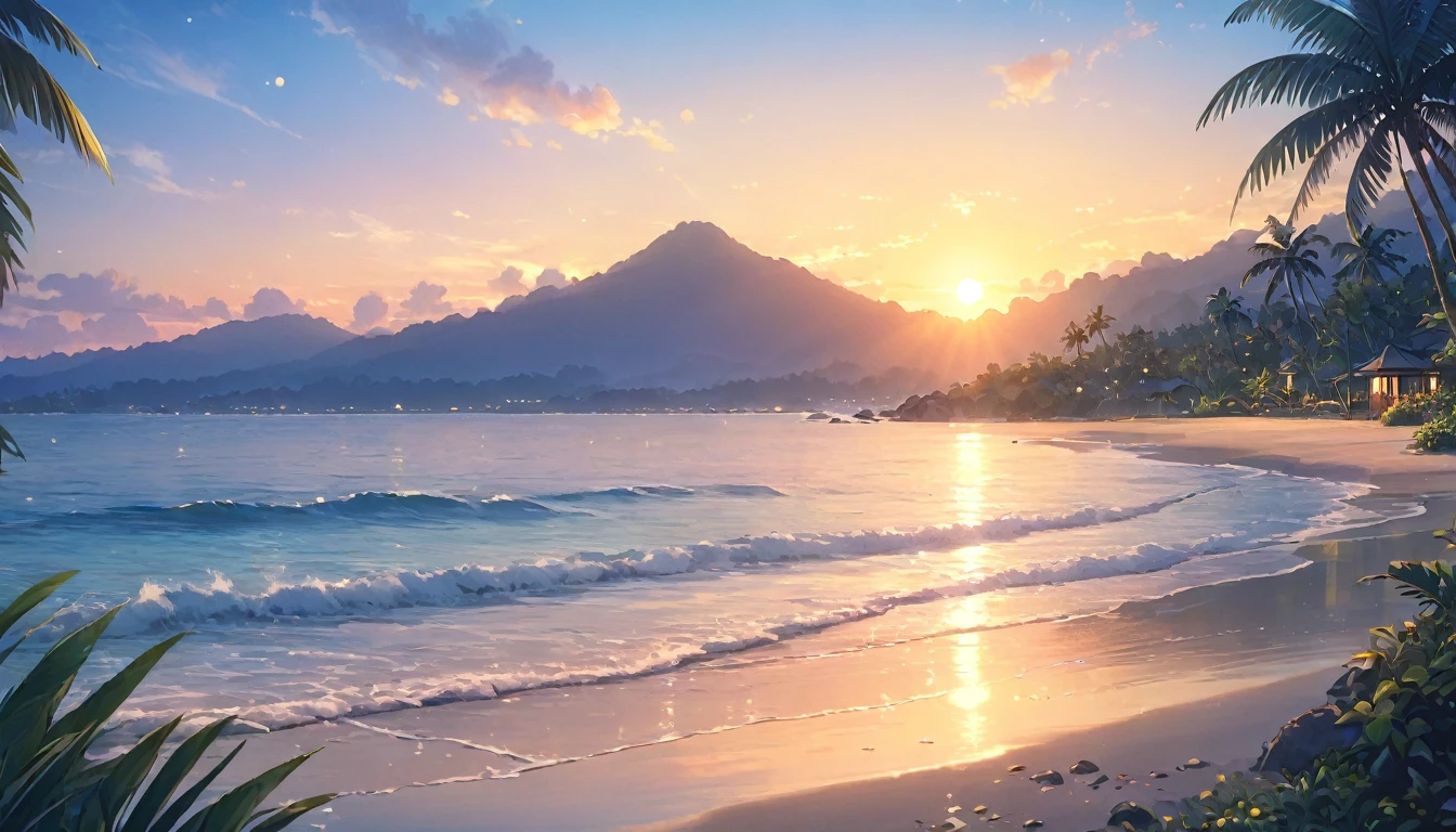 A peaceful tropical sunset landscape, anime style,long eyelashes, intricate details, soft lighting, muted color palette, (best quality, 4k, 8k, highres, masterpiece:1.2), ultra-detailed, (realistic, photorealistic, photo-realistic:1.37), HDR, studio lighting, ultra-fine painting, sharp focus, physically-based rendering, extreme detail description, professional, vivid colors, bokeh