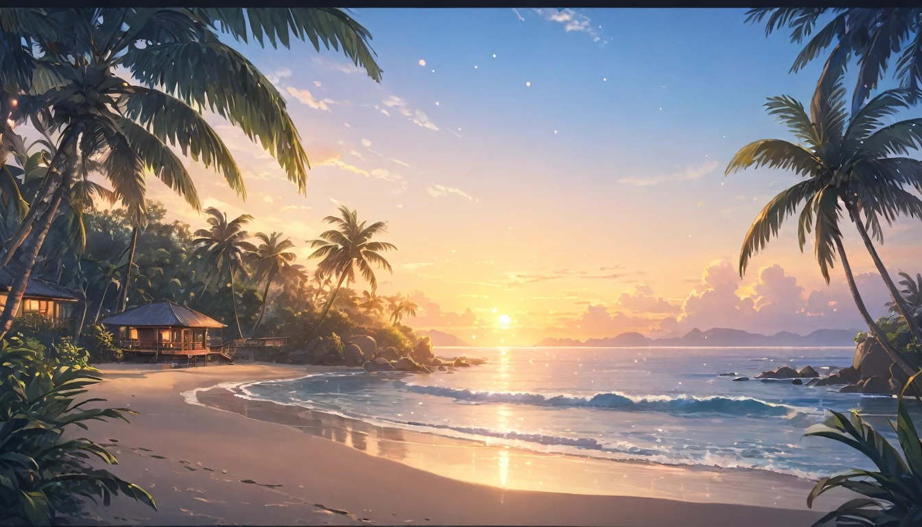 A peaceful tropical sunset landscape, anime style,long eyelashes, intricate details, soft lighting, muted color palette, (best quality, 4k, 8k, highres, masterpiece:1.2), ultra-detailed, (realistic, photorealistic, photo-realistic:1.37), HDR, studio lighting, ultra-fine painting, sharp focus, physically-based rendering, extreme detail description, professional, vivid colors, bokeh
