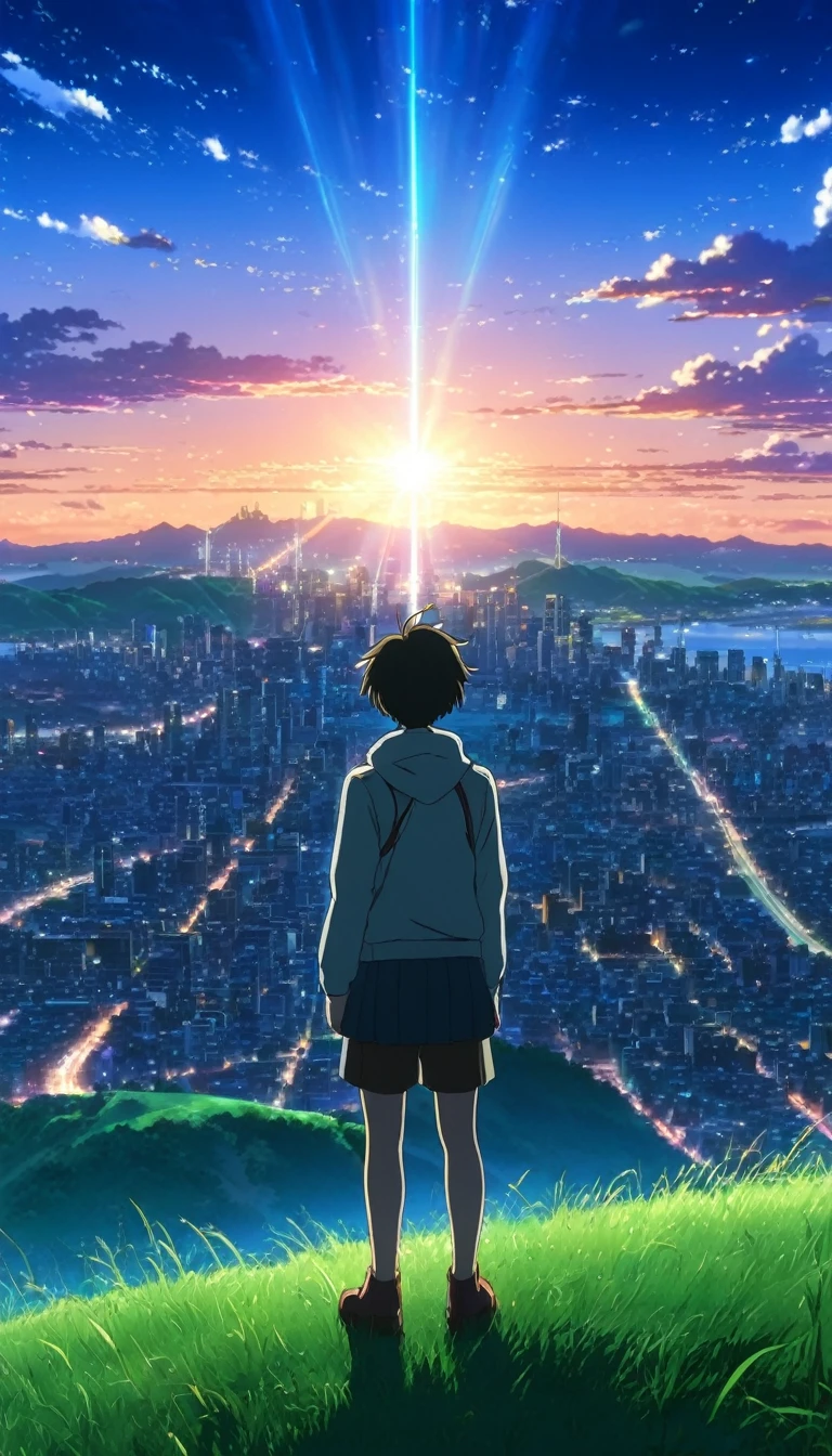 a close up of a person standing on a hill with a city in the background, anime movie background, beautiful anime scene, amazing wallpaper, watching the sun set. anime, colorful anime movie background, cosmic skies. by makoto shinkai, ( ( makoto shinkai ) ), anime sky, your name movie style, anime background, anime beautiful peace scene