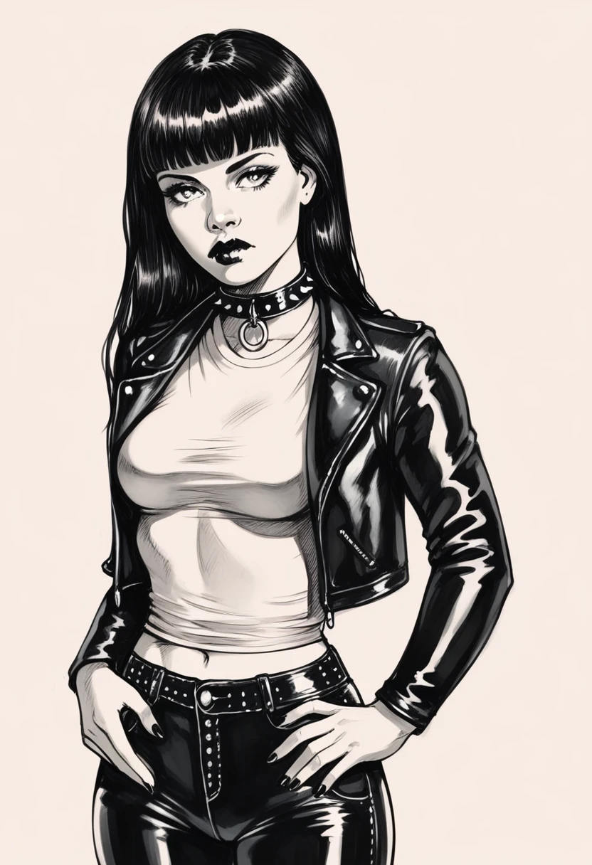 score_9, score_8_up, score_7_up, score_6_up, sp1t, sketch, detailed hatching, monochrome, pale, smooth skin,, long straight black hair, blunt bangs, full lips, slender physique, leather jacket, biker shirt, studded collar, black pants, black lips, scowl, centered
