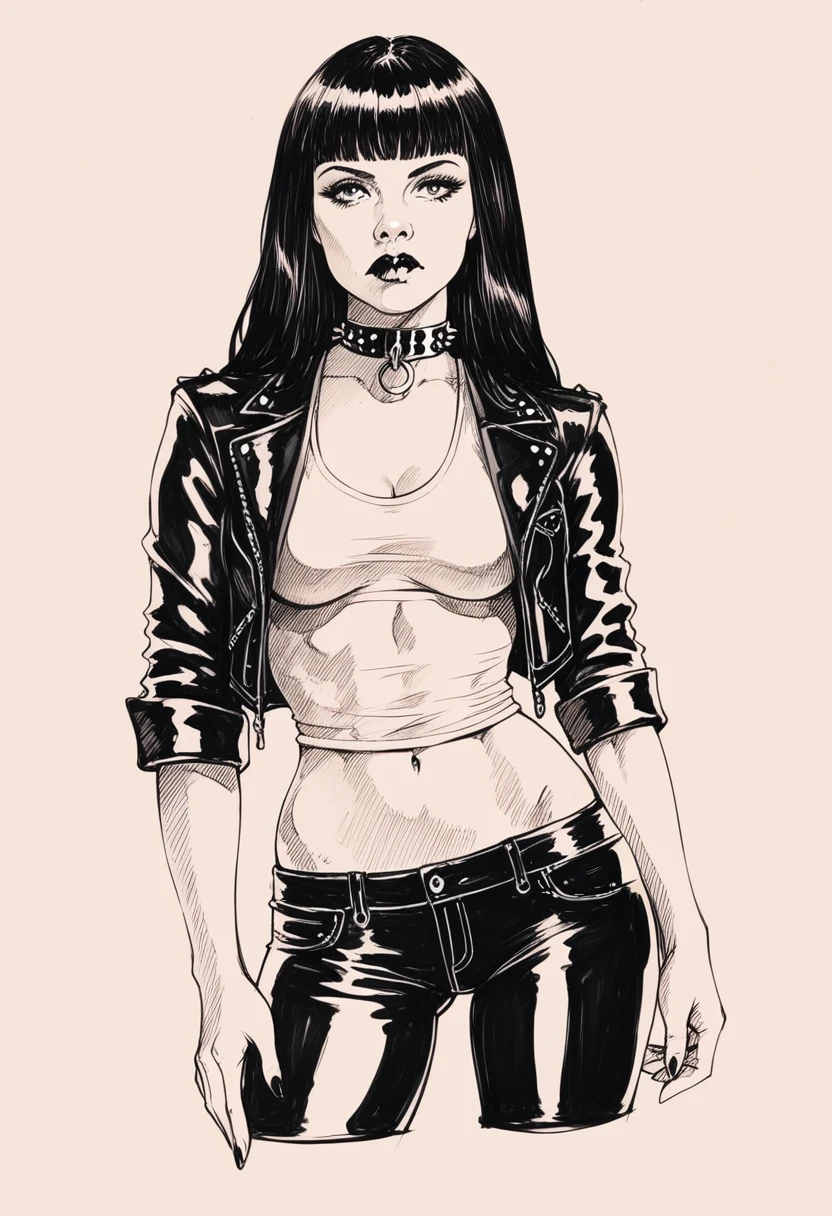 score_9, score_8_up, score_7_up, score_6_up, sp1t, sketch, detailed hatching, monochrome, pale, smooth skin,, long straight black hair, blunt bangs, full lips, slender physique, leather jacket, biker shirt, studded collar, black pants, black lips, scowl, centered
