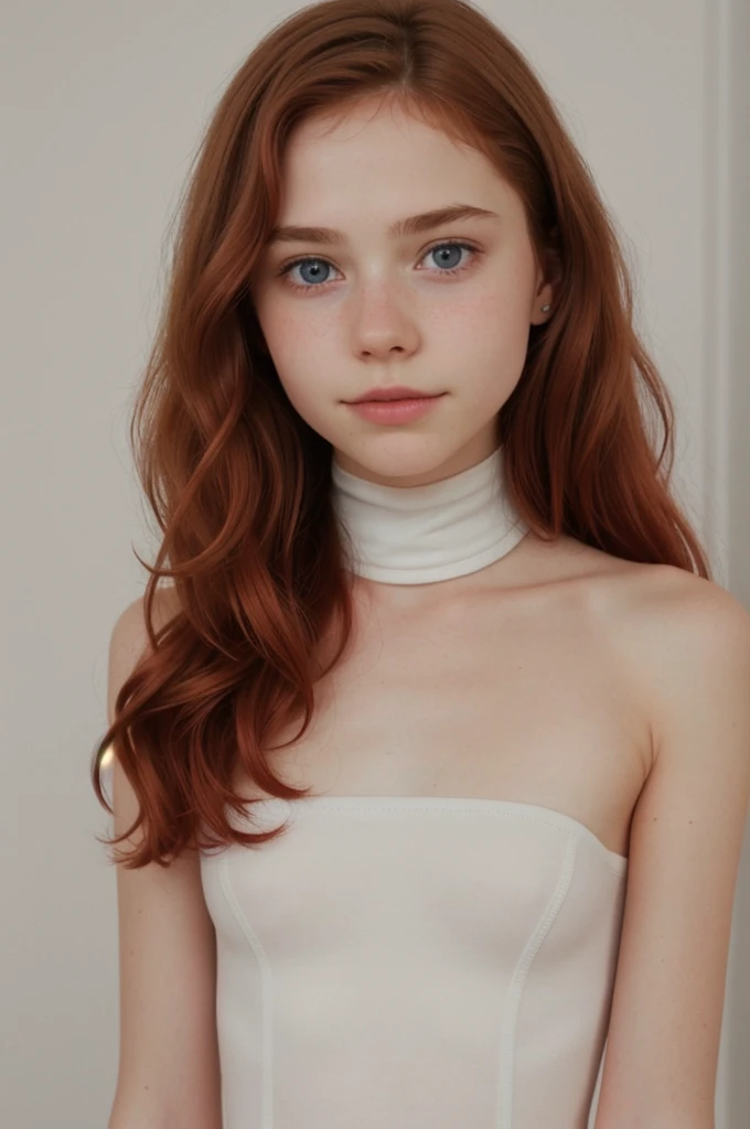 raw photo,(14yo slim redhead girl:1.2), cheek dimples, long wavy hair, blushing, graphic eyeliner, rouge, (lipstick:0.6), (choker:0.9), realistic skin texture, turtle neck leotard, (red:0.8), softcore, warm lighting, cosy atmosphere, instagram style, nsfw , naive, shy, short, thin, fit, beautiful, cute, pale skin
