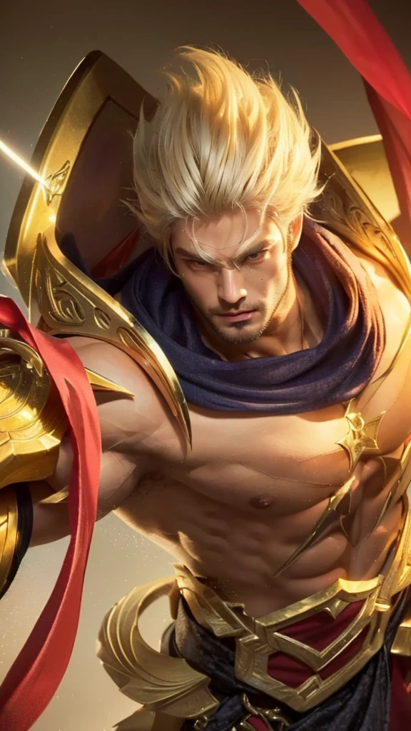 a close up portrait of a muscular shirtless man with long white hair, gilgamesh, chiseled facial features, piercing eyes, powerful presence, dramatic lighting, photorealistic, cinematic, highly detailed, 8k