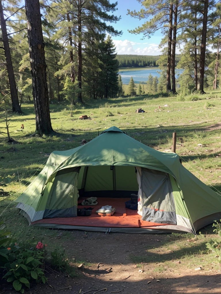 survival camping Happiness tools in the forest next to the Lake
