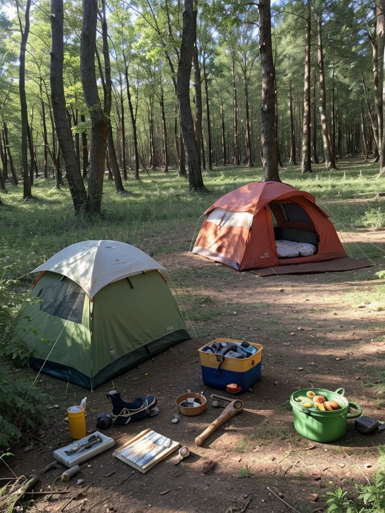 survival camping Happiness tools in the forest next to the Lake
