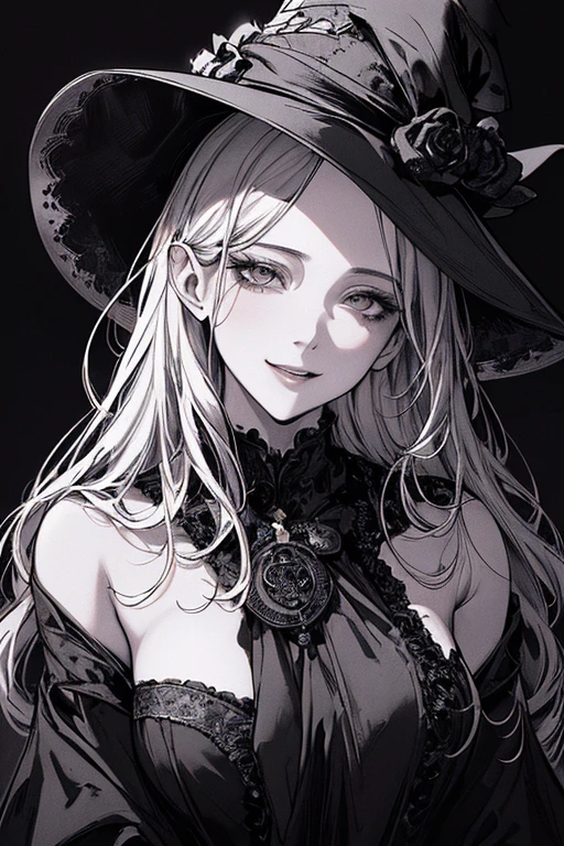 Highest quality, (Background details), High Contrast, Very beautiful woman, Detailed original illustrations、functional、witch、Pointed hat、Black Robe、Delicate face、Charm、Villainess、sexy、Real breasts、Crazy Smile, Crazy Eyes,   Black background, (Black background: 1.5), Beautiful line art、Monochrome