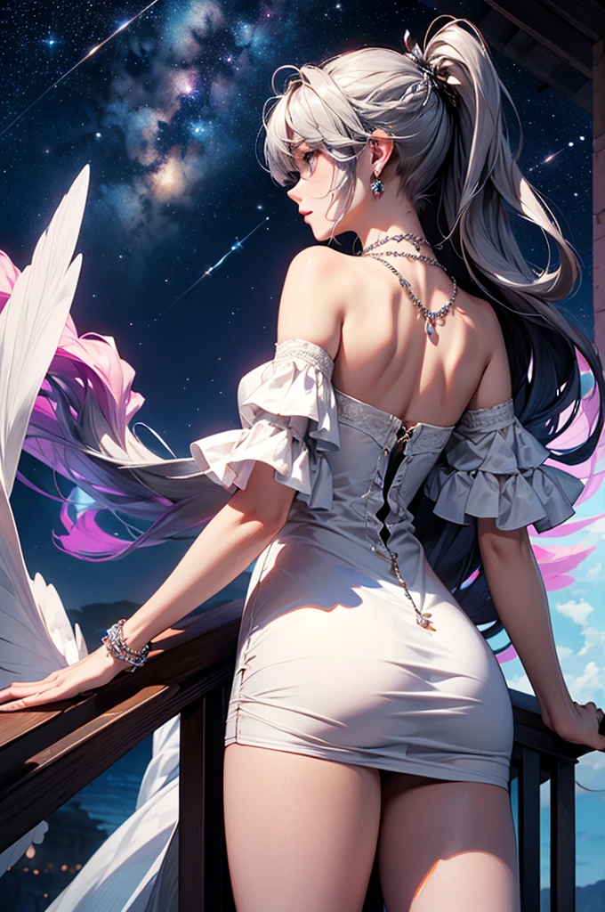 (masterpiece:1.5, Highest quality, Very detailed、 Dutch Angle、Semi-Realistic、Fantasy)(One girl, alone)(White and beautiful hair:1.4,,Straight Long Hair)(White based dress)、((Off the shoulder、Medium Chest、ruby ​​necklace))(from backside,The buttocks are slightly visible、Legs wrapped in tights)(Beautiful starry sky、Mystical Night、Particles of light float around the woman、Fantasyな空間)Kiana Kaslana
