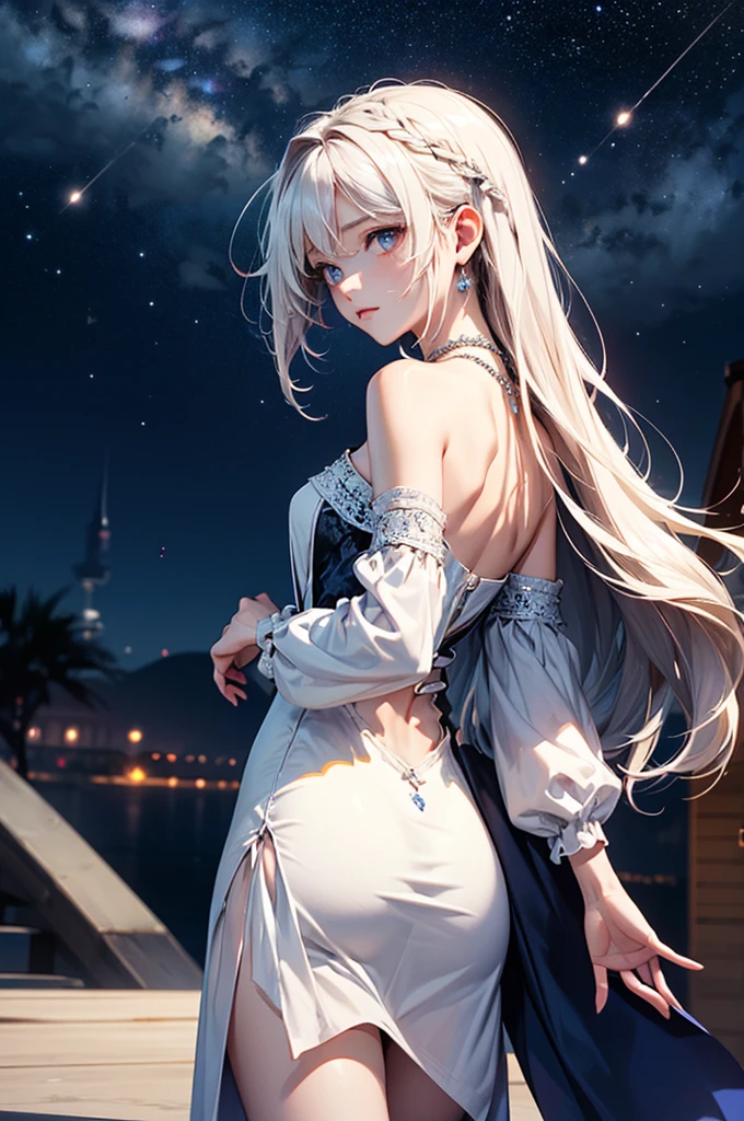 (masterpiece:1.5, Highest quality, Very detailed、 Dutch Angle、Semi-Realistic、Fantasy)(One girl, alone)(White and beautiful hair:1.4,,Straight Long Hair)(White based dress)、((Off the shoulder、Medium Chest、ruby necklace))(from backside,The buttocks are slightly visible、Legs wrapped in tights)(Beautiful starry sky、Mystical Night、Particles of light float around the woman、Fantasyな空間)Kiana Kaslana