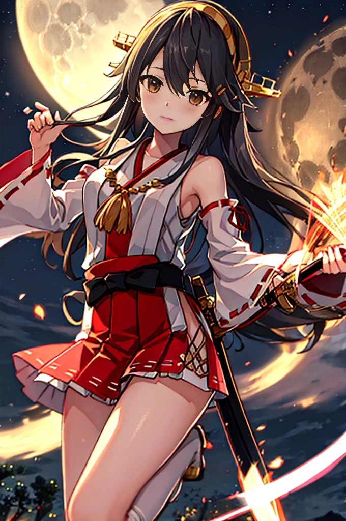 4K, (masterpiece), Highest quality, Fleet Collection,Haruna,Miko costume,Holding a Japanese sword,Full moon night,