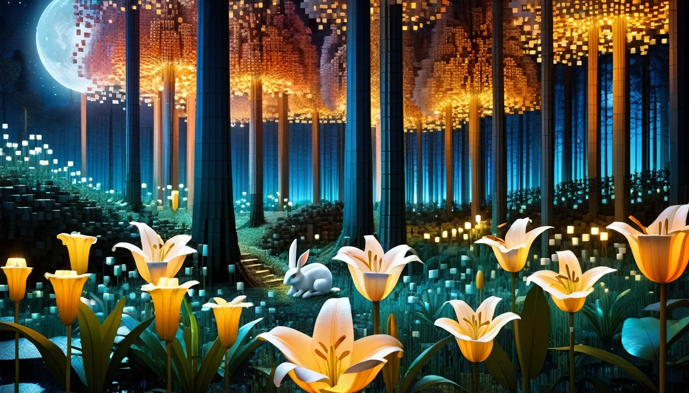 An enchanting night forest made up of RAL-3D cubes, There are lots of small animals,Wrapped in the fantastic light of the night,Very beautiful secret forest,Small rabbits and lilies are gathered together