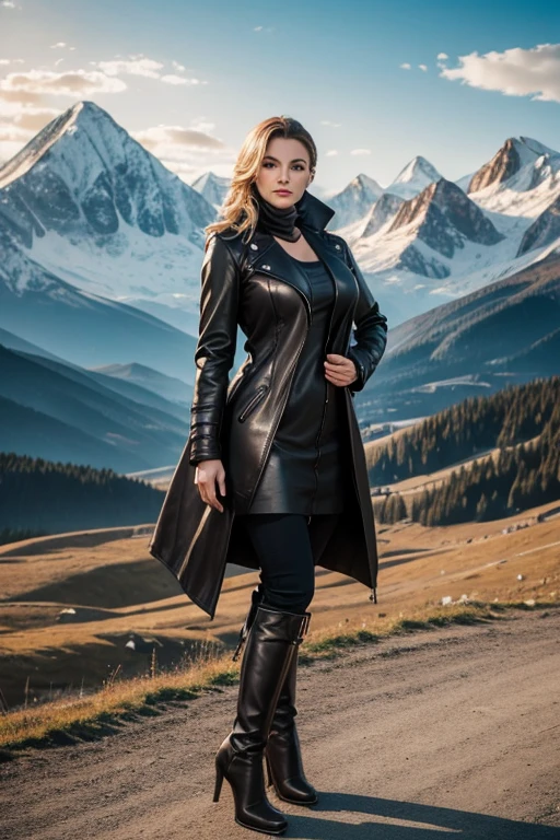 high quality, very beautiful Ukrainian milf in a knee-length leather coat, and high heeled boots, stands at full height against the backdrop of the mountains