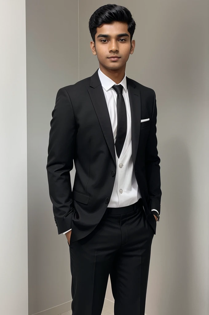 21 year old indian boy With fair skin and narrow body simple pose like hands fold and standing straight in a black color suit for a linkedin picture in formals and it should be clean white background