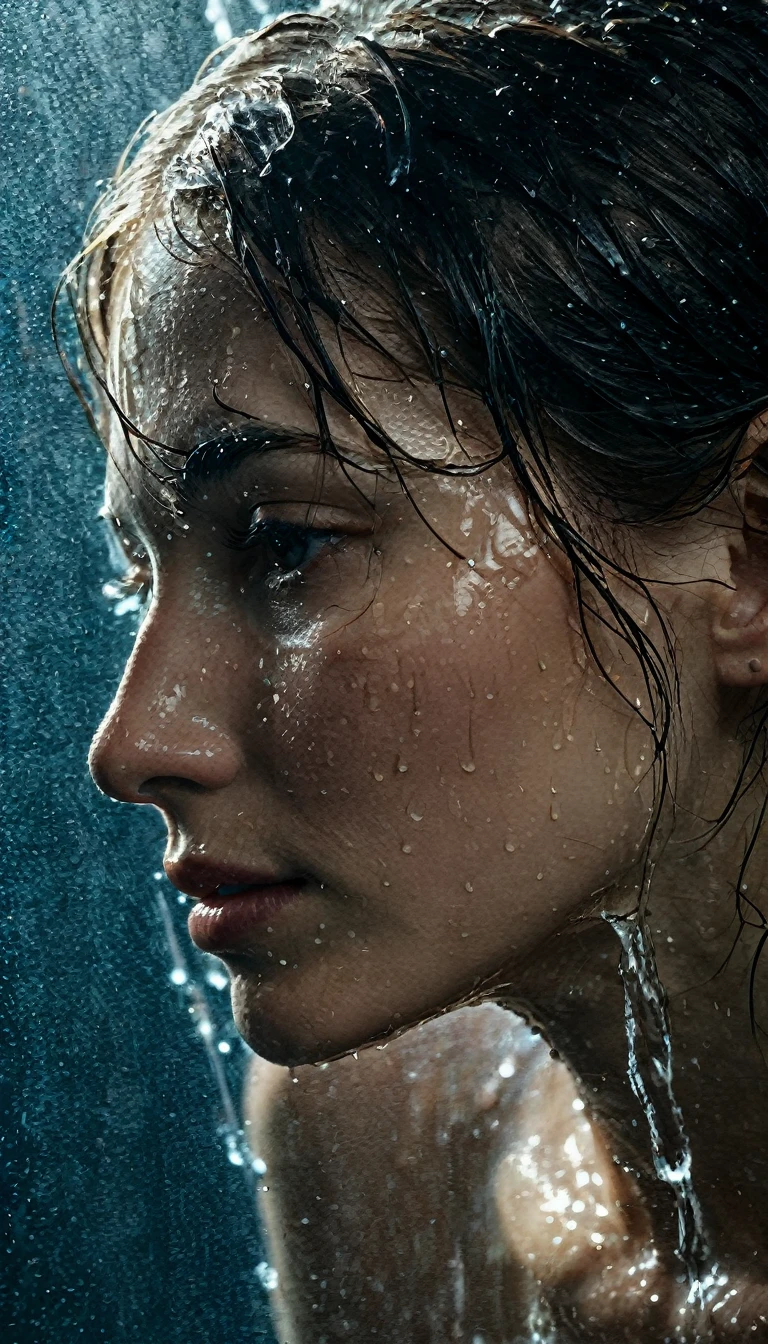 A beautiful woman's face slowly emerges from a wall of water, wet, glistening, side view, profile