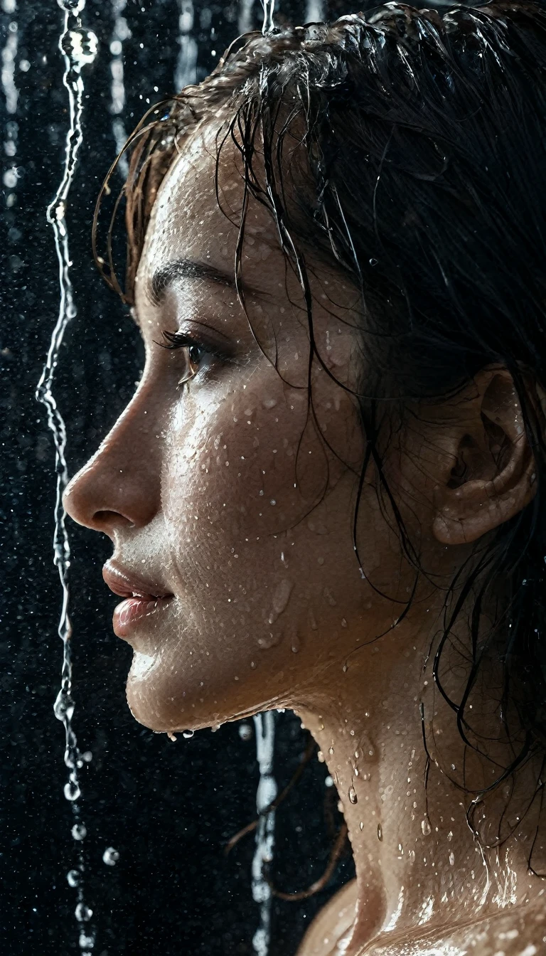 A beautiful woman's face slowly emerges from a wall of water, wet, glistening, side view, profile