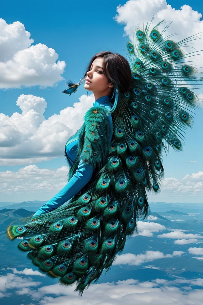 Generate a completly blue shining peacock fly in the clouds