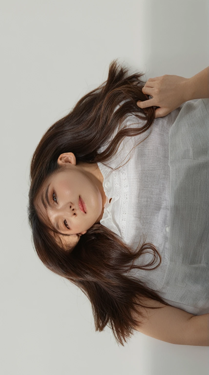 Best Quality, 8k, Masterpiece, (Portrait: 1.3), (photo realistic:1.4), (hyper realistic:1.4), Sharp Focus, looking at viewer, (smoother lighting:1.1), (increase cinematic lighting quality:0.9), realistic lighting, backlighting, light on face, ray trace, (brightening light:1.2), (Increase quality:1.4), sharp detail, (best quality real texture skin:1.4), finely detailed eyes, black_eyes, finely detailed face, 25 year old Korean woman, (white formal_shirt:1.4), (Create an image maintaining the original base model hairstyle:1.5)