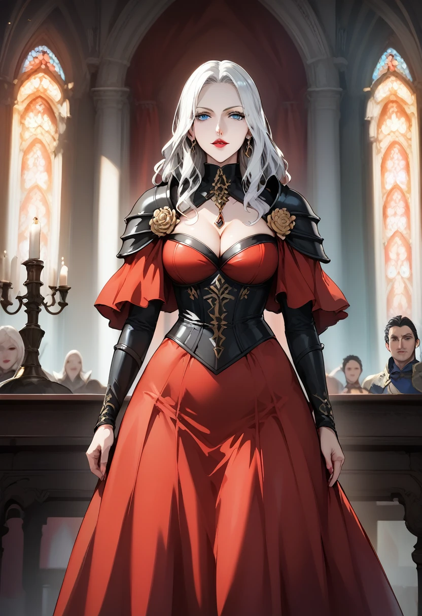 score_9, score_8_up, score_7_up, source_anime, (Masterpiece), (anime, illustration), 4k, high res, highest quality, ray tracing,
BREAK,
A beautiful woman stands in a tight-fitting, red dress,
Carmilla, Carmilla(Castlevania), Carmilla_(Castlevania), 1woman, vampire, pale skin, albino, red dress, long dress, shoulder
_armor, pauldrons, long hair, white hair, long hair, (blue eyes), by a window,
Red sky, full moon, castle,