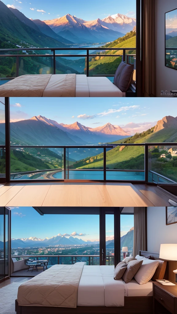 (masterpiece,Highest quality:8K) Affordable bedroom with mountain views and balcony, Beautiful views, A soothing and comfortable landscape, Detailed view, Instagram photos Nice views, beautifully、aesthetic, Beautiful nature in the background, Amazing scenery in the background, 8K Photorender Reality Engine, Beautiful views, Overlooking the valley, Nice views, beautiful place, paradise in the background
