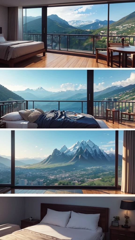 (masterpiece,Highest quality:8K) Affordable bedroom with mountain views and balcony, Beautiful views, A soothing and comfortable landscape, Detailed view, Instagram photos Nice views, beautifully、aesthetic, Beautiful nature in the background, Amazing scenery in the background, 8K Photorender Reality Engine, Beautiful views, Overlooking the valley, Nice views, beautiful place, paradise in the background