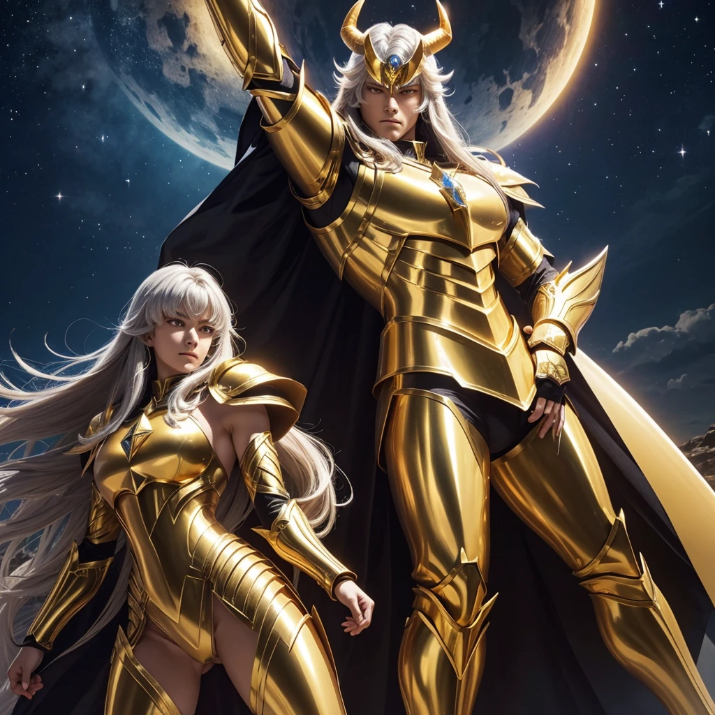 Taurus aldebaran knight from saint seiya with long thin hair, golden armor with slender design