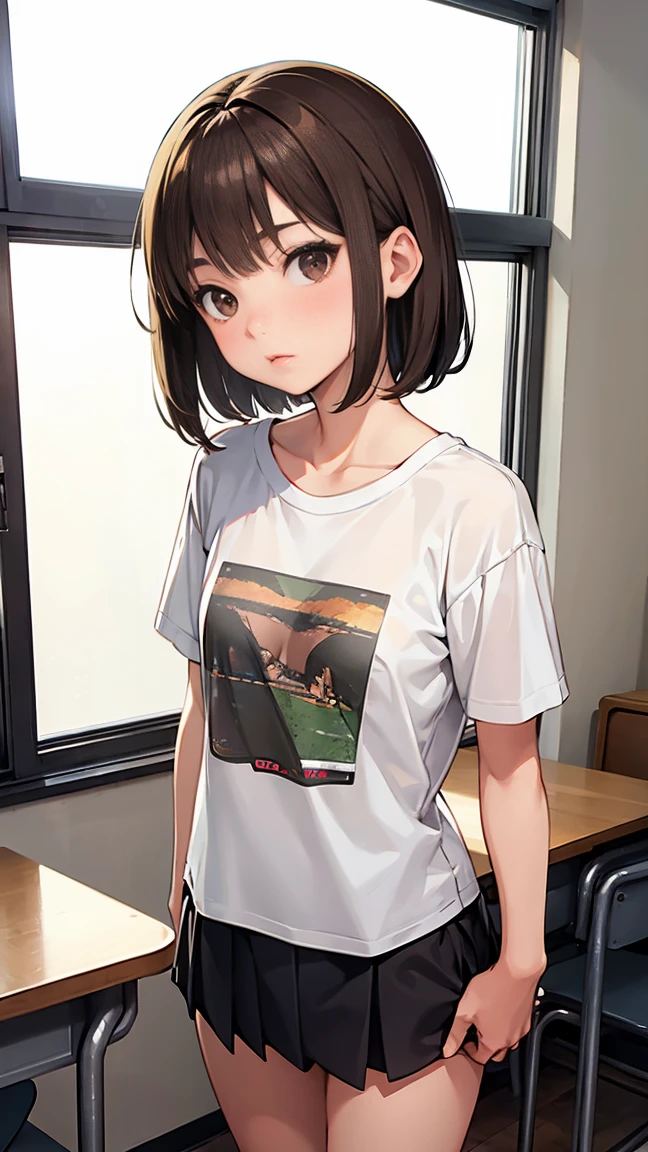 (1 female), short bob, 18 years old, Japanese, brown eyes, brown hair, slim, (flat chest), high school girl, classroom,
Transparent T-shirt: 1.5, (mint green undershirt with bra: 0.6), bra visible through clothes,