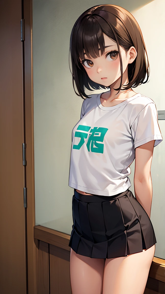 (1 female), short bob, 18 years old, Japanese, brown eyes, brown hair, slim, (flat chest), high school girl, classroom,
Transparent T-shirt: 1.5, (mint green undershirt with bra: 0.6), bra visible through clothes,