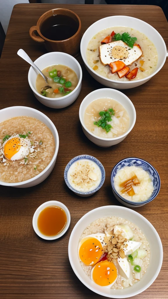 Breakfast, porridge and miso soup on the table.