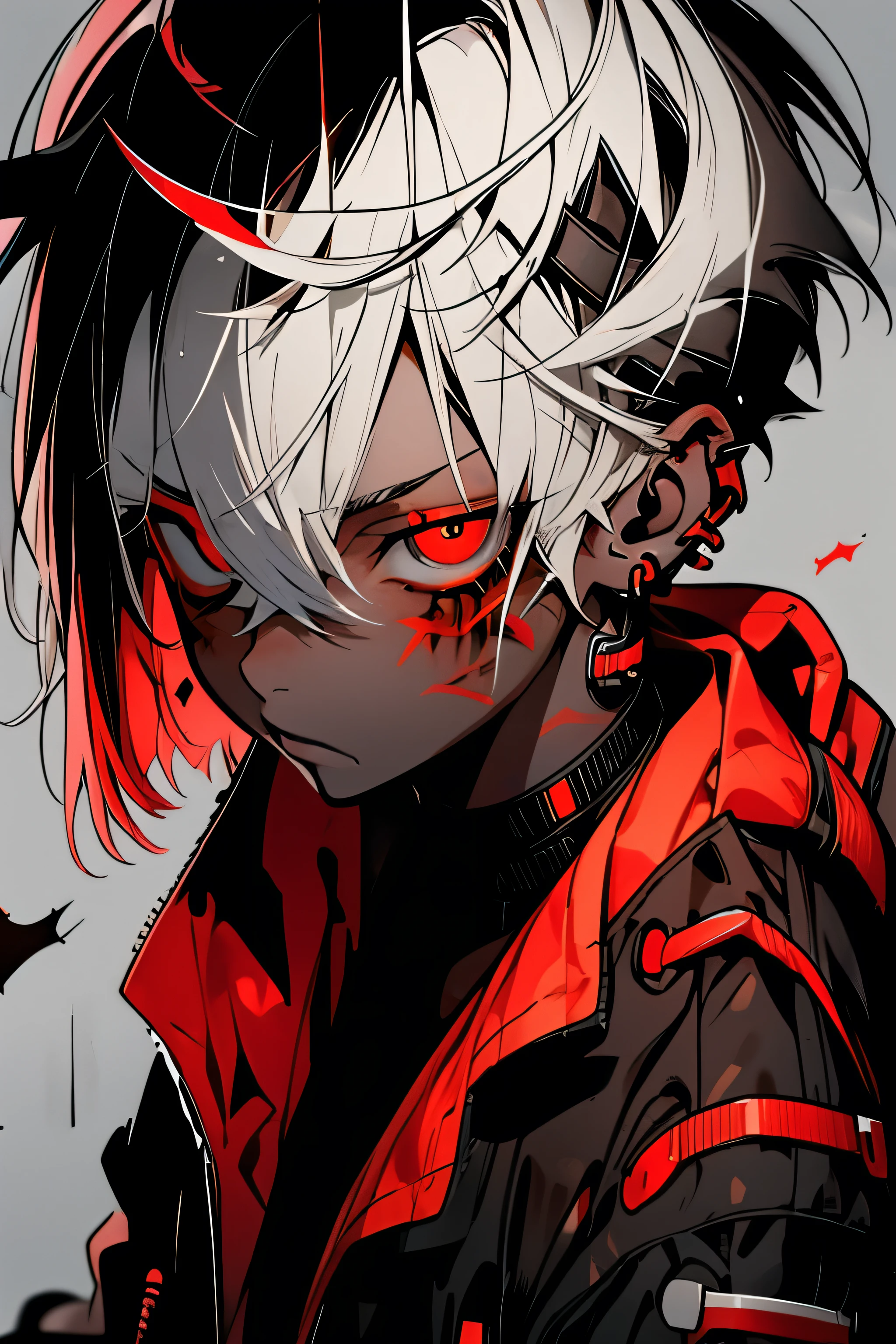 Innovative male Vtuber full body, Gray Hair, small white eyebrows, Brown Skin, Red pupils, Pathological look, Landmine makeup, Dark circles under the eyes, Droopy eyes, Cyberpunk-inspired costumes.