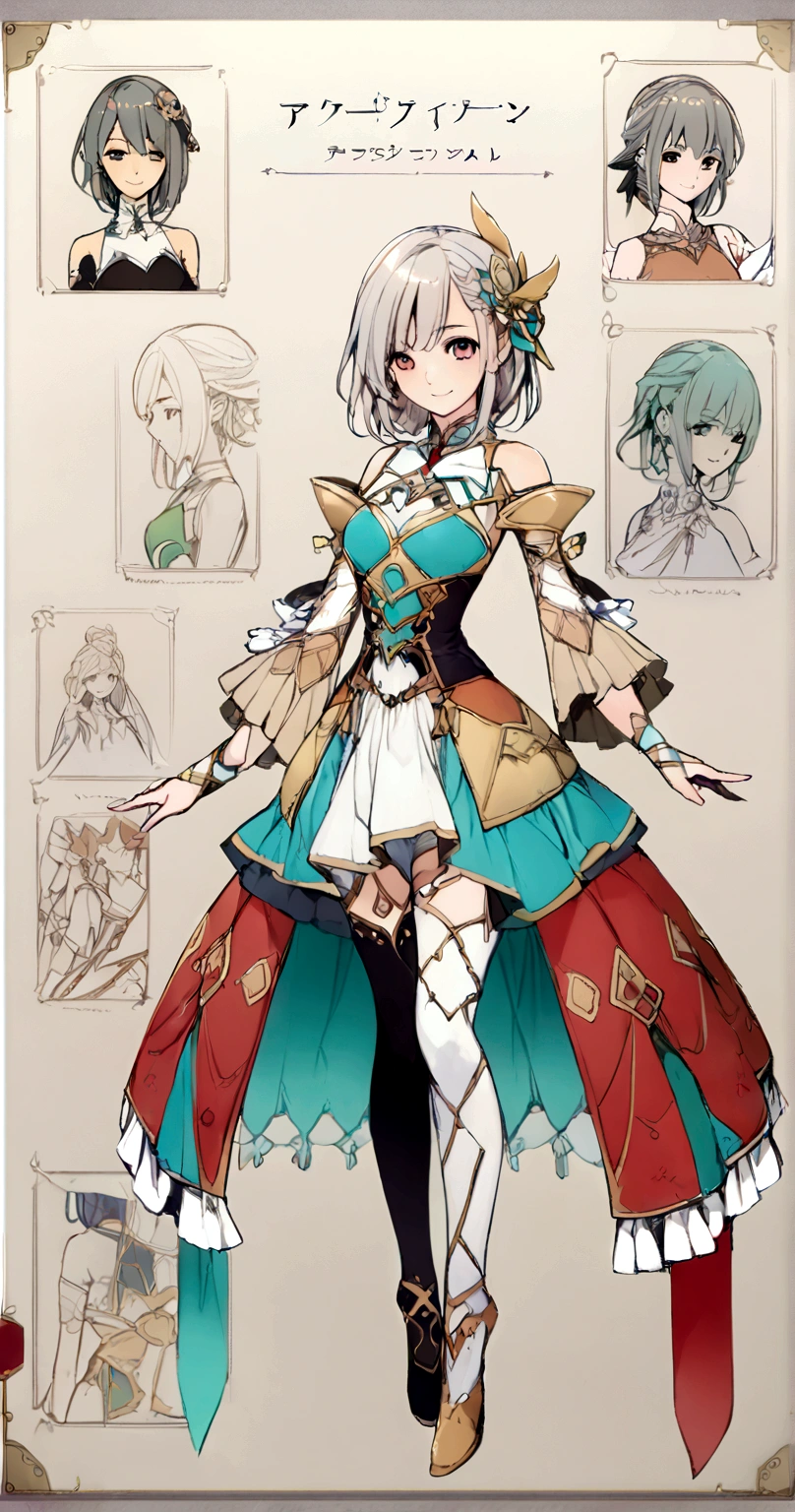character design board, anime girl, design, just one character, clothes, rotation, fantasy clothes, complex design, body rotation