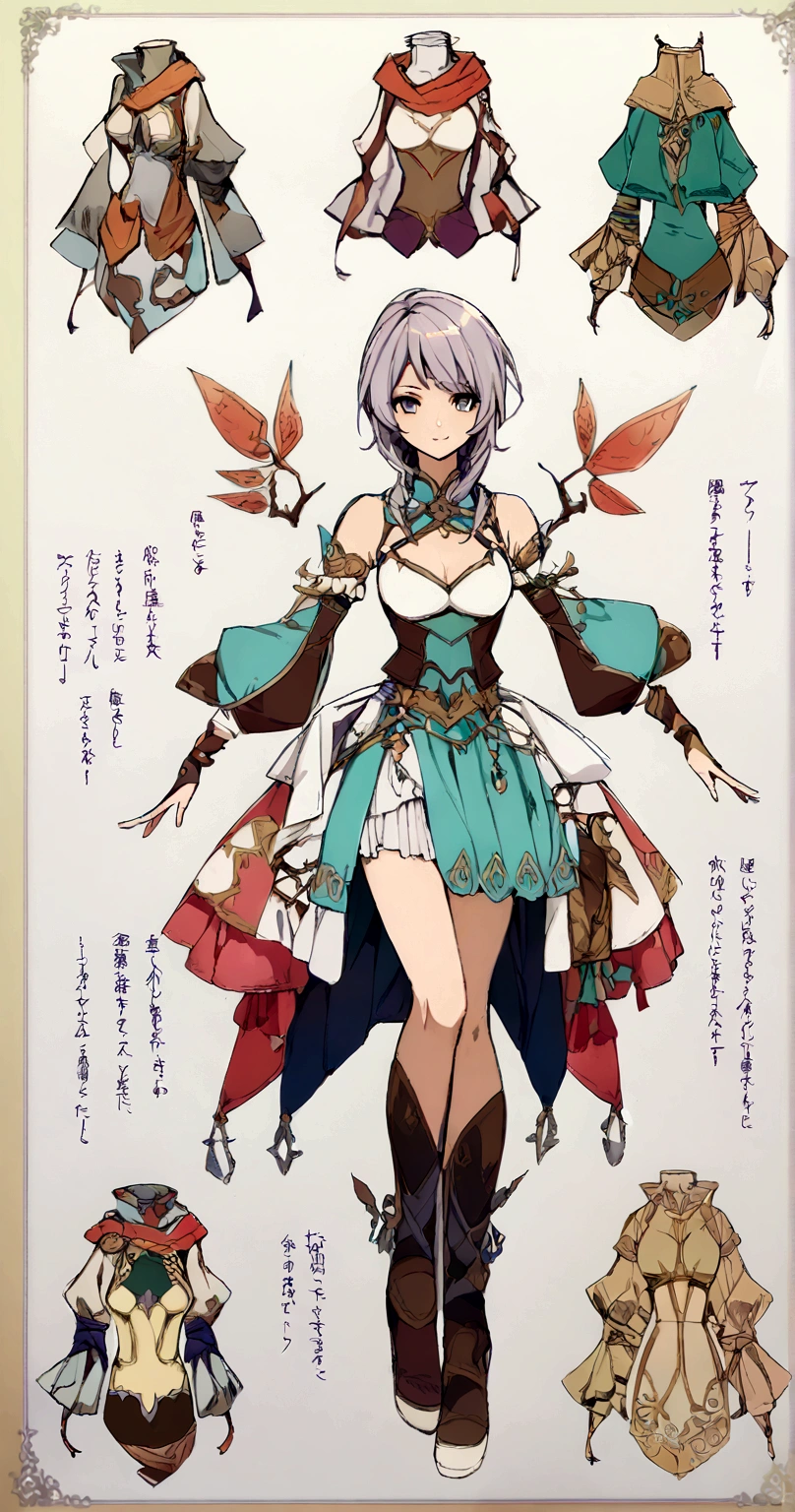 character design board, anime girl, design, just one character, clothes, rotation, fantasy clothes, complex design, body rotation