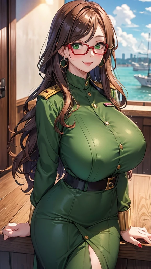 Wife 30 years old,Huge Breasts,Brown wavy hair,earrings,Smile,cloudy day,Sexy,noble,red glasses,green eyes,lipstick,Soaked all over,Sheer green military uniform,Meticulous background,In the ship channel