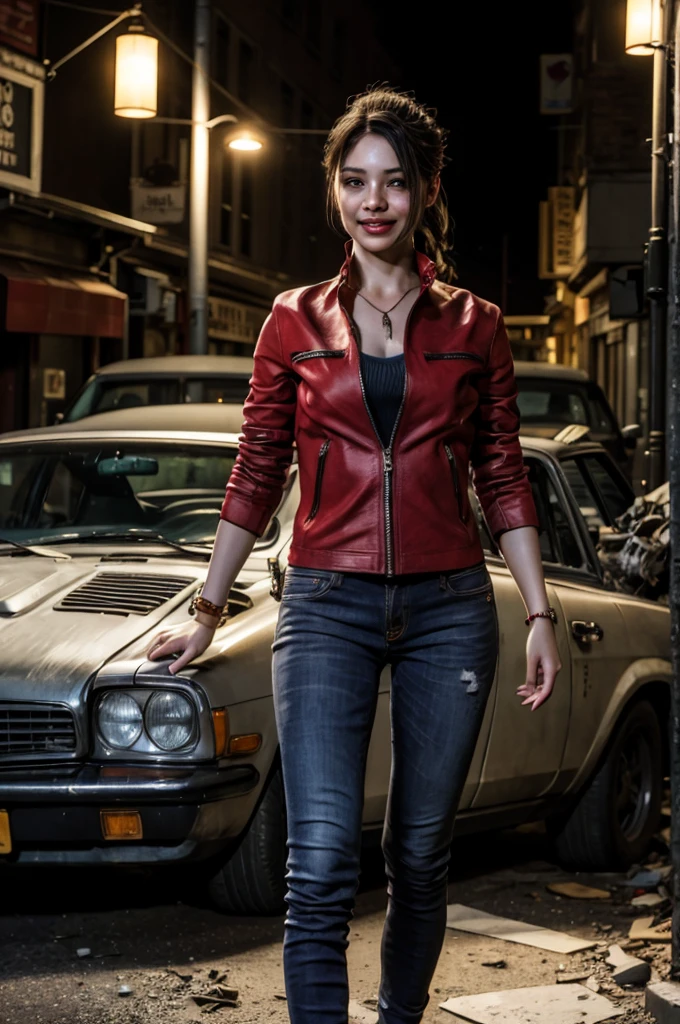 1girl, (realistic),(hyperrealism),(best quality),(masterpiece),(ultra high res),(photorealistic),idol,eye makeup,detailed eyes,detailed face,black dress, claireredfield2, brown hair, (red jacket:1.2), ponytail, (denim pants:1.3),, red wristband, grey inner bra,, abandoned street, burning cars in background, littered street, smoke, chaos, zombie apocalypse, nighttime, streetlamp illumination, full moon,, flirting, looking at viewer, smiling