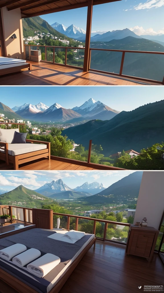 (masterpiece,Highest quality:8K) Affordable bedroom with mountain views and balcony, Beautiful views, A soothing and comfortable landscape, Detailed view, Instagram photos Nice views, beautifully、aesthetic, Beautiful nature in the background, Amazing scenery in the background, 8K Photorender Reality Engine, Beautiful views, Overlooking the valley, Nice views, beautiful place, paradise in the background