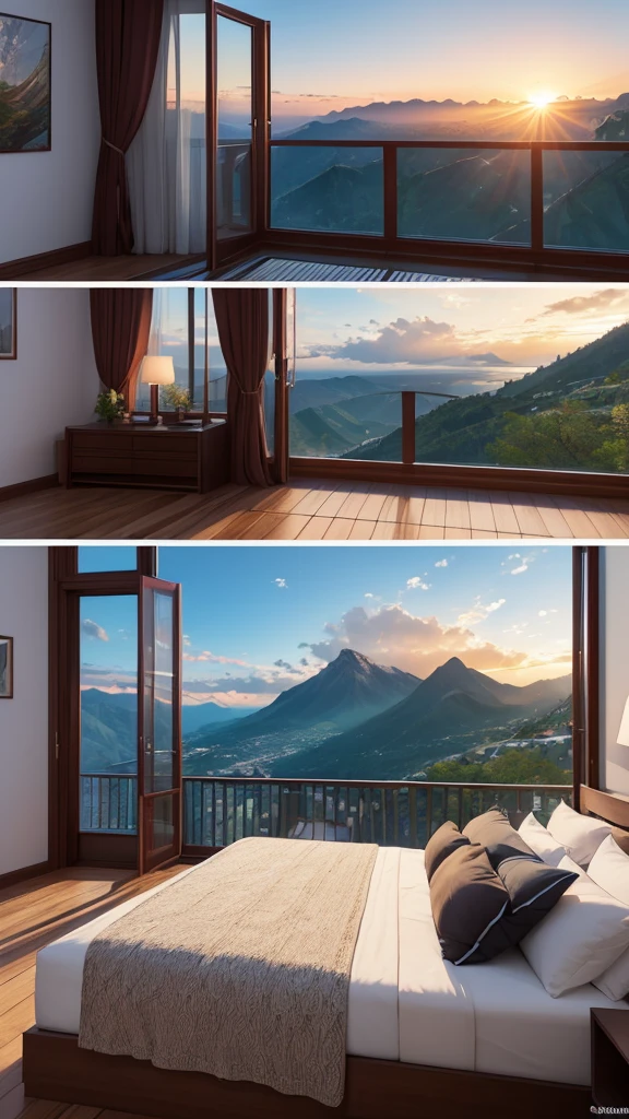 (masterpiece,Highest quality:8K) Affordable bedroom with mountain views and balcony, Beautiful views, A soothing and comfortable landscape, Detailed view, Instagram photos Nice views, beautifully、aesthetic, Beautiful nature in the background, Amazing scenery in the background, 8K Photorender Reality Engine, Beautiful views, Overlooking the valley, Nice views, beautiful place, paradise in the background