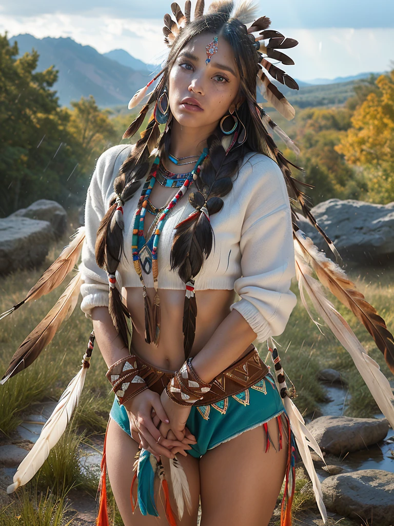 score_9, score_8_above, score_7_above, score_6_above, classification_explicit, 1 girl, ((18 years:1.2)),(The best quality,A high resolution,Ultra - detailed,actual),Native American Ariana Grande,(wild Indian native American:1.4), adult, full lips, big light eyes, light blue eyes, ((by rubio:1)), (cabello ondulado long trenzado nativo indio: 1.2), (female native american:1.4) ,(native indian feathers :1.4), (Face details: 1.5, bright blue eyes, beautiful face, pretty eyes, iris coating, labios Delgados: 1.5, Delgado, pale and sharp eyebrows, long, dark eyelashes, double tabs),(perfect hands detailed : 1.4 ) , (forest background big leaves :1.4), (native american V2.1), (native american:1.4), (fondo desierto casa native american:1.4), (dynamic cowboy pose),(( beautiful american indian warrior:1.4), (beautiful american indian warrior: V2.1)) , (bright colors), (big stones background:1.4 ), (meadow background :1.4), (falling rain cloudy:1.4), (great grassland autumn :1.4), (vestidor native american:1.4), (showing panties:1.4), (realistic V2.1), (perfect ???????) 
