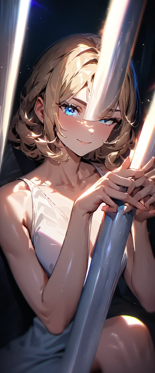 (((One girl))), (((portrait, face))), ((angel)), (((looking down))), ((outward curled hair)), from side:1.3, sea, beach, evening, Sunset, ((Sitting on a cliff)), wavy hair, blond hair,(bob cut:1.3)), breasts, standard body, (looking at viewer), oversized clothes, collarbone, head tilt:1.3, (((blue eye))), ((happy smile)), (((anime style))), (best quality, 4K, 8K, highres, masterpiece:1.2, ultra-detailed, ultra-detailed eyes, HDR, uhd, studio lighting, ultra-fine painting, sharp focus, physically-based rendering, extreme detail description, professional, vivid colors, bokeh), ((Highest quality, Best image quality, Ultra-high resolution, Ultra-high resolution, solo, Strong eye highlights)), Depth of written boundary, Natural soft light, attractive, Beautiful Face, Cleanliness, Pure Face, medium chest, Beautiful Face, Perfect Fingers, Perfect hands, Perfect body, Perfect Face, Shine a light into your eyes, Perfect Anatomy