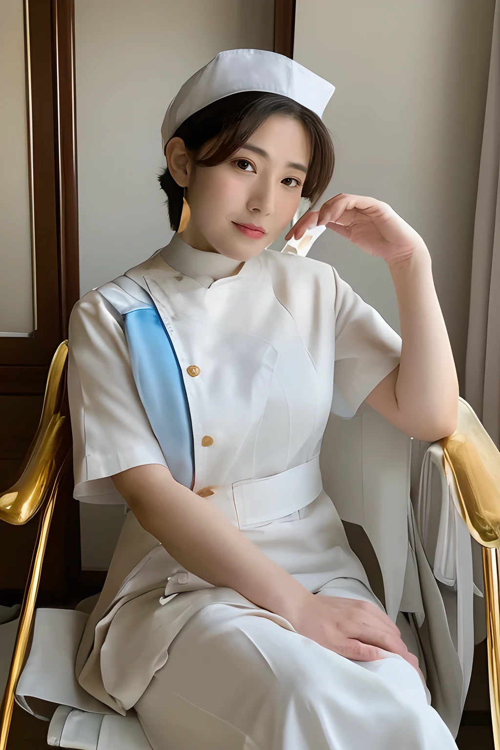 (8k, best quality, masterpiece, golden ratio composition,:1.3), (Zoom out shot, sitting in the chair:1.2), (beautiful Japanese mature woman), shirt cut hair, (wearing white Nurse's uniform, Nurse's cap :1.2),