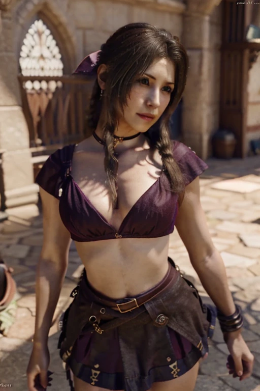 Iris Final Fantasy with a bow ribbon on her hair, in a mini skirt, top and large neckline in fantasy clothes, medieval background and art style 3D erotica