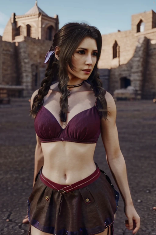 Iris Final Fantasy with a bow ribbon on her hair, in a mini skirt, top and large neckline in fantasy clothes, medieval background and art style 3D erotica