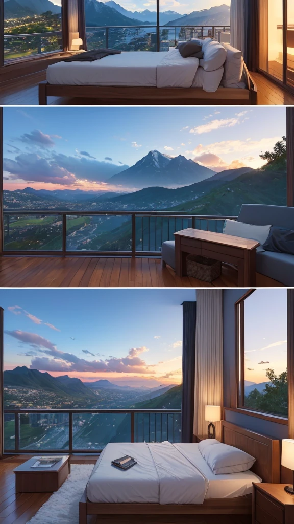 (masterpiece,Highest quality:8K) Affordable bedroom with mountain views and balcony, Beautiful views, A soothing and comfortable landscape, Detailed view, Instagram photos Nice views, beautifully、aesthetic, Beautiful nature in the background, Amazing scenery in the background, 8K Photorender Reality Engine, Beautiful views, Overlooking the valley, Nice views, beautiful place, paradise in the background