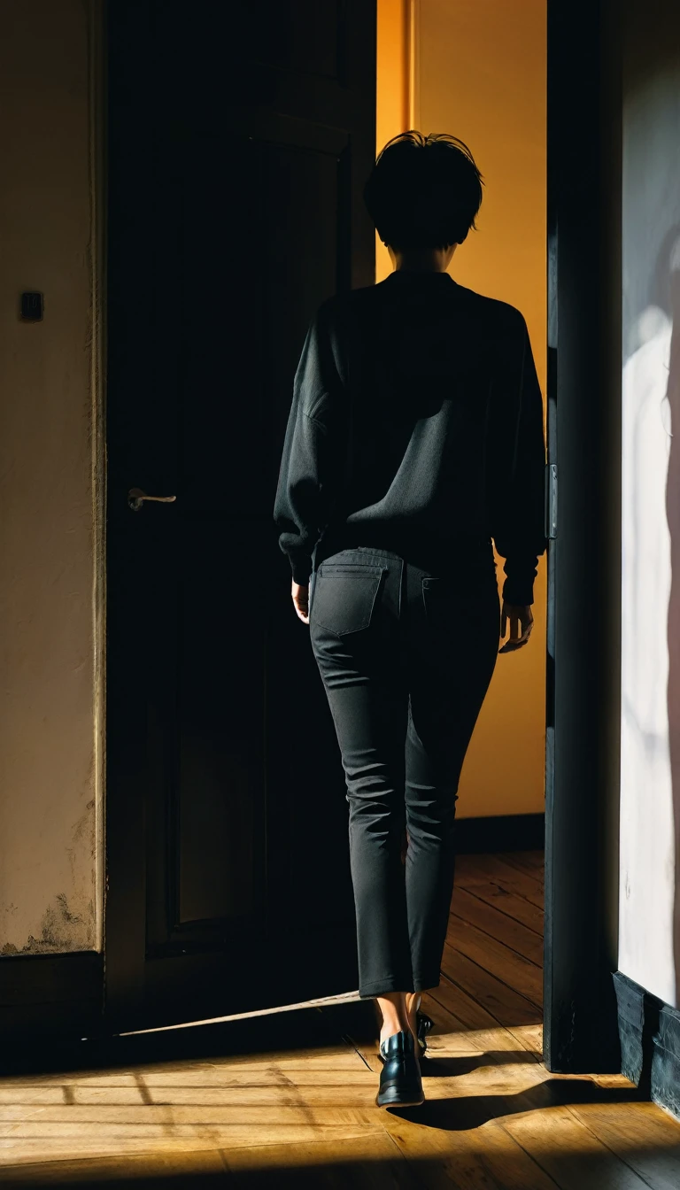 A man in black pants,Empty upper body,Back view of a woman with messy short hair,She walked through a black door,There are three of her shadows inside the door。The shadow is other than the woman's own,There are two shadows, one male and one female, on the left and right.。Bird's-eye view。