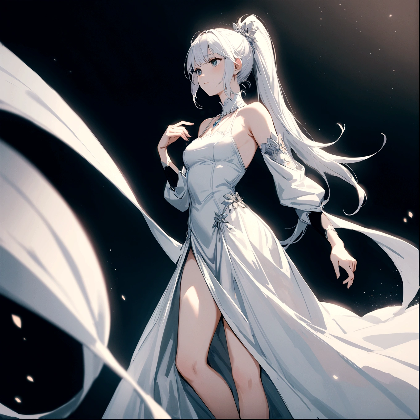a young woman with long white hair in a high ponytail, wearing a simple white dress and black pants, clean white legs, bare arms, the dress is not tight-fitting, princess dress