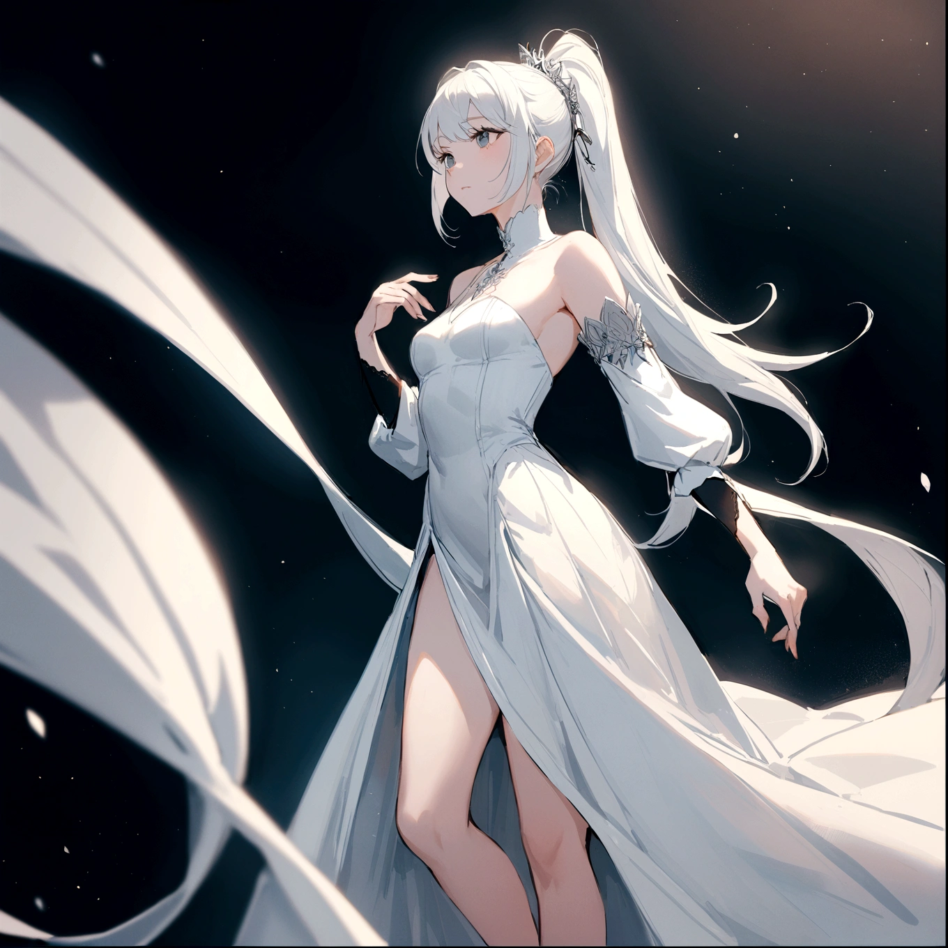 a young woman with long white hair in a high ponytail, wearing a simple white dress and black pants, clean white legs, bare arms, the dress is not tight-fitting, princess dress