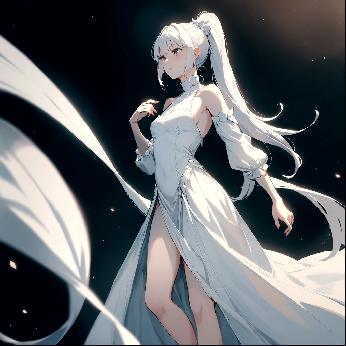 a young woman with long white hair in a high ponytail, wearing a simple white dress and black pants, clean white legs, bare arms, the dress is not tight-fitting, princess dress