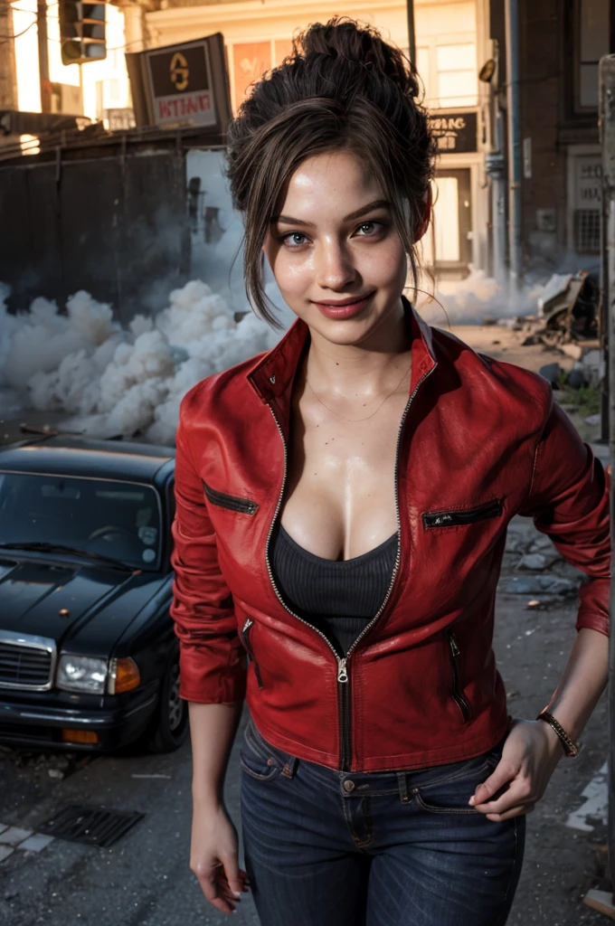 1girl, (realistic),(hyperrealism),(best quality),(masterpiece),(ultra high res),(photorealistic),idol,eye makeup,detailed eyes,detailed face,black dress, claireredfield2, brown hair, (red jacket:1.2), ponytail, (denim pants:1.3),, red wristband, grey inner bra,, abandoned street, burning cars in background, littered street, smoke, chaos, zombie apocalypse, nighttime, streetlamp illumination, full moon,, flirting, looking at viewer, smiling, closeup shot