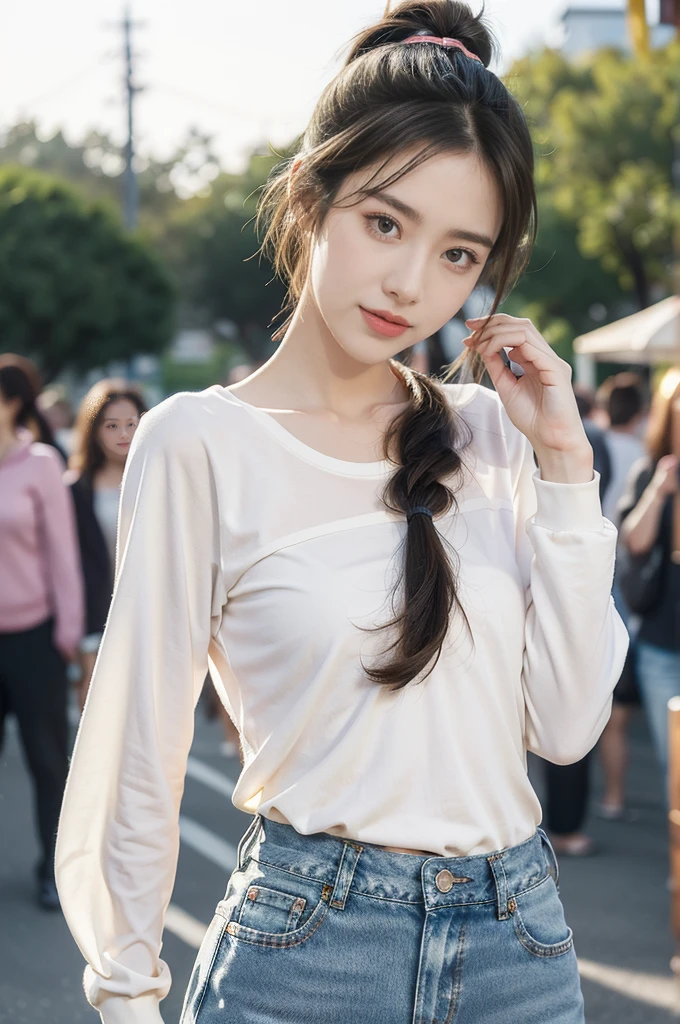 (((best quality))),(((ultra detailed))),(((masterpiece))),illustration,((1 beautiful girl,solo)),((slim,thin)),((small breasts,flat chest)), outside school gate, summer twilight, sunlight,(short ponytail:1.3),((white long-sleeved shirt)),(clavicalis:1.3),((denim shorts,slender legs)),animated face, excited eyes, sounds of laughter, chatter, excitement of summer vacation, air filled with energy, school gate golden glow, symbol of end of academic year, schoolyard transformed, reunion, farewells, embracing setting sun, face illuminated, moment captured, fleeting instant, essence of summer, carefree spirit, youthful exuberance, embodiment of season, sun dips, rosy glow, joy of living,promise of adventures,((standing,from front,upper body)),(surrounded by crowded crowds:1.3)