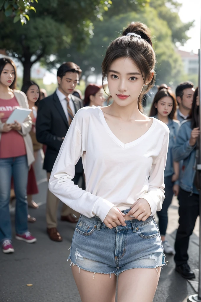 (((best quality))),(((ultra detailed))),(((masterpiece))),illustration,((1 beautiful girl,solo)),((slim,thin)),((small breasts,flat chest)), outside school gate, summer twilight, sunlight,(short ponytail:1.3),((white long-sleeved shirt)),(clavicalis:1.3),((denim shorts,slender legs)),animated face, excited eyes, sounds of laughter, chatter, excitement of summer vacation, air filled with energy, school gate golden glow, symbol of end of academic year, schoolyard transformed, reunion, farewells, embracing setting sun, face illuminated, moment captured, fleeting instant, essence of summer, carefree spirit, youthful exuberance, embodiment of season, sun dips, rosy glow, joy of living,promise of adventures,((standing,from front,upper body)),(surrounded by crowded crowds:1.3)