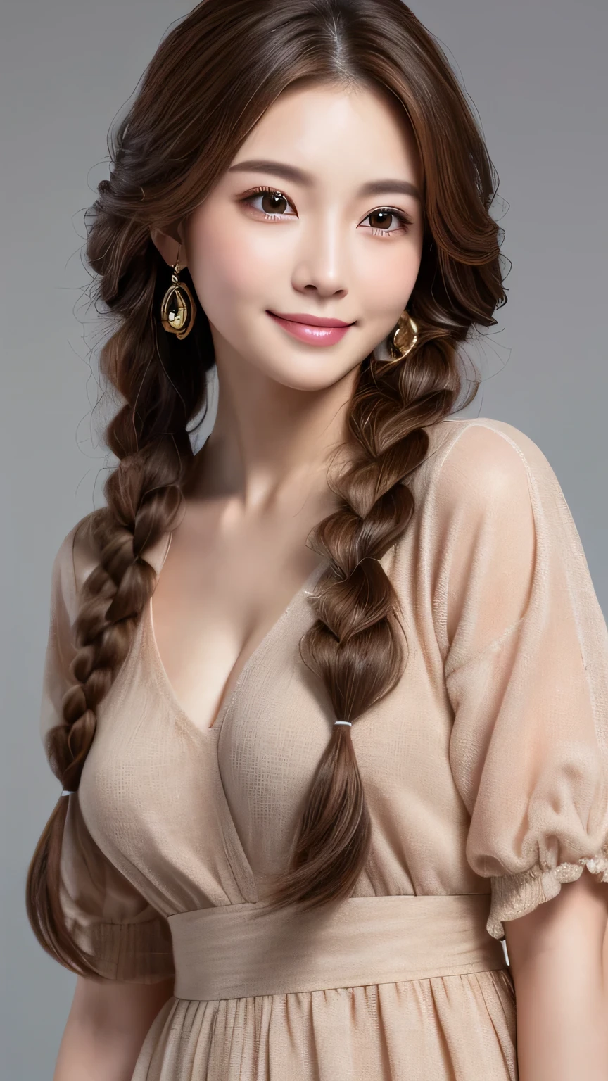 (masterpiece:1.3), (8K, Photorealistic, Raw photo, Best image quality: 1.4), Japanese 、Take a full-body photo,Trendy clothes、Cute costume,Fluffy medium hair,crystal,Natural color lip,(Random Hairstyles:1.2)、Cleavage:1.2、Super detailed face、Attention to detail、double eyelid、Put your chest together、Sharp focus:1.2、Beautiful woman:1.4、Brown Hair、highest quality、masterpiece、超A high resolution、(Photorealistic:1.4)、Highly detailed and professionally lit smile、