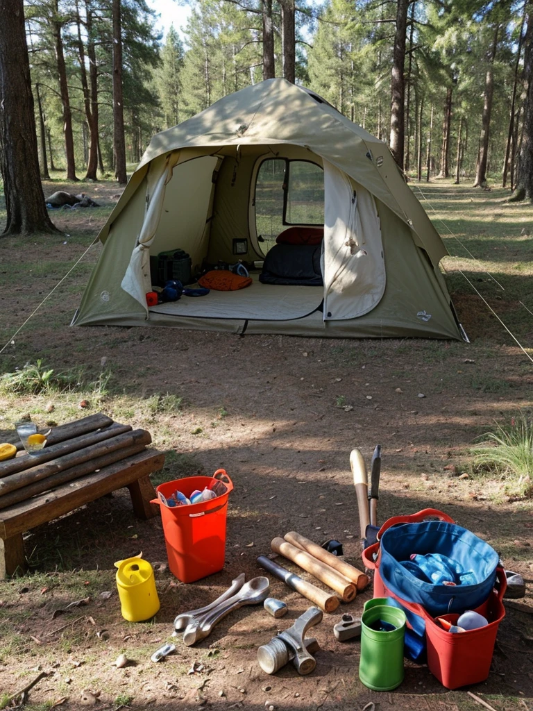 survival camping Happiness tools in the forest next to the Lake