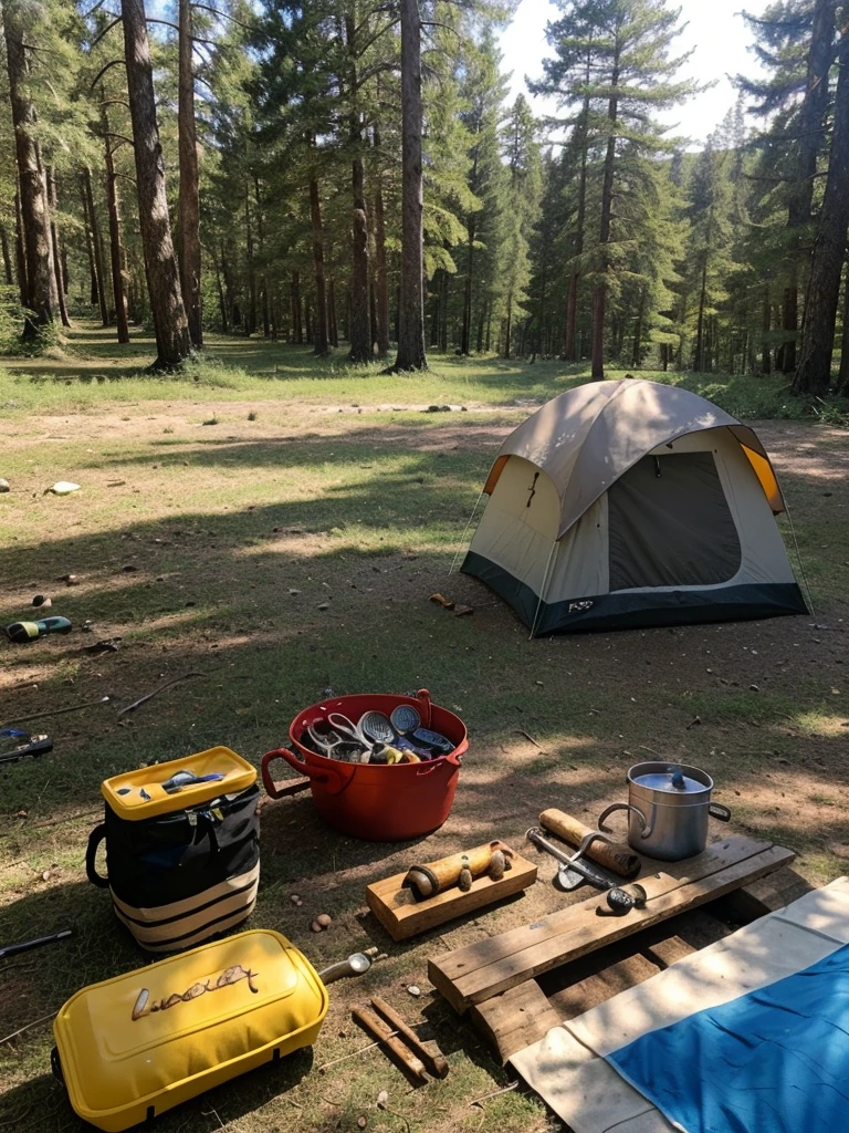 survival camping Happiness tools in the forest next to the Lake